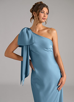 Azazie Capri Bridesmaid Dresses Steel Blue Mermaid One Shoulder Stretch Satin Dress image5