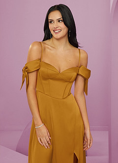 Barbie ♥ Azazie Bridesmaid Dresses Butterscotch A-Line Off the Shoulder Stretch Satin Dress image12