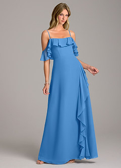 Azazie Aubrie Bridesmaid Dresses Blue Jay A-Line Off the Shoulder Chiffon Dress image1
