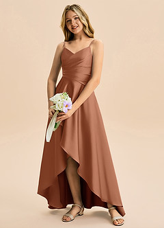 Azazie Eirlys Junior Vestido Bronzeador de Cetim elástico de Linha A com Plissado image4