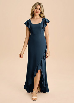Azazie Demi Junior Dark Navy Mermaid Bow Stretch Satin Dress image3
