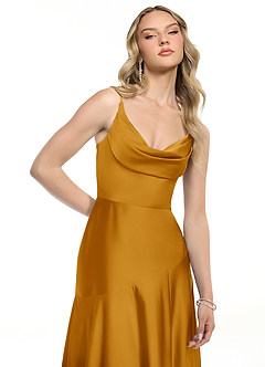 Azazie Kayla Final Sale Butterscotch A-Line Side Slit Stretch Satin Dress image4