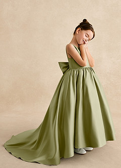 Azazie Mimia vestidos de niña de las flores Vestido de Musgo Verde de Satin Mate de Corte En A con Lazo image4