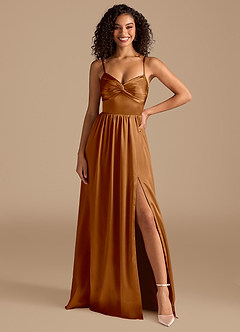 Azazie Zeya Bridesmaid Dresses Copper A-Line Pleated Metallic Satin Dress image7