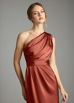 Azazie Emorie Bridesmaid Dresses Terracotta Sheath One Shoulder Stretch Satin Dress image2