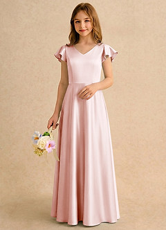 Azazie Nari Girls Formal Sukienki dla dziewczynek sypiących kwiaty Linia A z rękawami Matowy satynowy Długość podłogi Sukienka image3