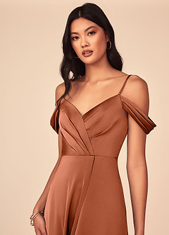 Azazie Ocean Bridesmaid Dresses Cedar Rose A-Line V-Neck Pleated Stretch Satin Dress image4