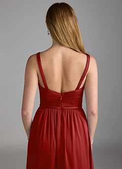 Azazie Chanel Bridesmaid Dresses Pomegranate A-Line Pleated Stretch Satin Dress image4