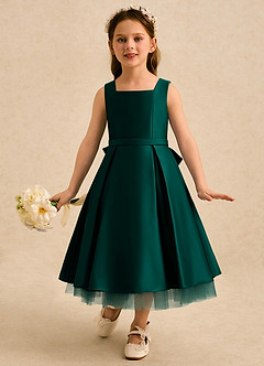 Azazie Josie Flower Girl Dresses Pine A-Line Pleated Matte Satin Dress image4