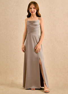Azazie Chamomile Girls Formal Flower Girl Dresses Taupe A-Line Pleated Stretch Satin Dress image4