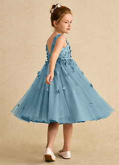 Azazie Lana Blumenmädchenkleider A-Linie ärmellos Matte Satin Kleid Stimmungsvolles Blau image4