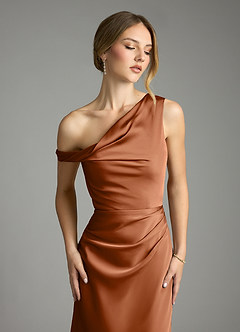 Azazie Emerson Bridesmaid Dresses Copper Mermaid Off the Shoulder Stretch Satin Dress image6