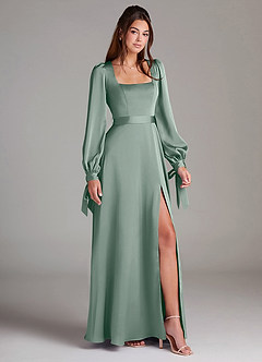 Azazie Leonia Jurken voor bruidsmeisjes Jurk van Stretch Satijn met A-Lijn Lange mouw Zilveren Salie image3