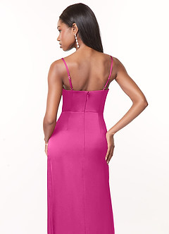 Azazie Maci Bridesmaid Dresses Fuchsia A-Line V-Neck Pleated Stretch Satin Dress image4