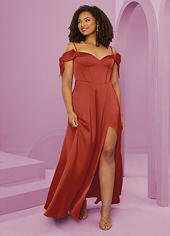 Barbie ♥ Azazie Bridesmaid Dresses Rust A-Line Off the Shoulder Stretch Satin Dress image10