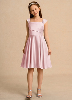 Azazie Budle Girls Formal Flower Girl Dresses Powder Pink A-Line Pleated Matte Satin Dress image4