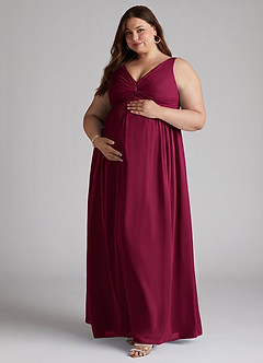 Azazie Yetta Maternity Bridesmaid Dresses A-Line V-Neck Gathered Chiffon Floor-Length Dress image9