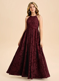 Azazie Arianthe Junior Abito A-Line in Burnout Floreale Plissettato Cabernet image2