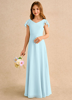 Azazie Nari Girls Formal vestidos de niña de las flores Vestido Azul Nube de Gasa de Línea A con con mangas image4