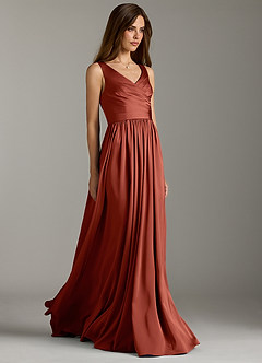 Azazie Keyla Robes de demoiselle d'honneur Robe Trapèze en Satin extensible Plissée Terracotta image1