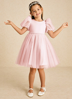 Azazie Blondie Robe Demoiselle D'honneur Fillette Robe Trapèze en Tulle avec manches Rose Pâle image4