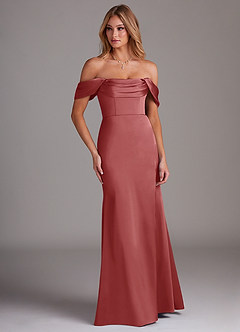 Azazie Saige Suknie dla druhen Osłona Zza ramienia Satyna elastyczna Do ziemi Sukienka image4