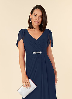 Azazie Marianne Mother of the Bride Dresses Dark Navy Sheath V-Neck Pleated Chiffon Dress image5