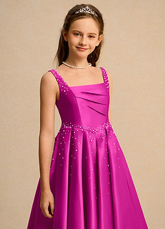 Azazie Mochi Girl Flower Girl Dresses Fuchsia Ball-Gown Pleated Matte Satin Dress image7