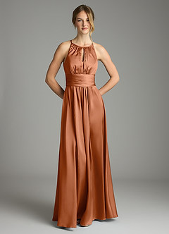 Azazie Bonnie Bridesmaid Dresses Copper A-Line Pleated Stretch Satin Dress image3