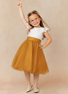 Azazie Vetty Flower Girl Dresses Ivory Butterscotch A-Line Lace Tulle Dress image1
