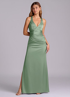 Azazie Amelie Robes de demoiselle d'honneur Robe Trapèze en Satin extensible Plissée Matcha image4