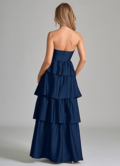Azazie Faye Vestidos de damas de honor Vestido de Azul Marino Oscuro de Satén Elástico de Corte en A con Volante image7