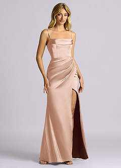 Azazie Auden Vestidos de damas de honor Vestido Oro Rosa de Satén Elástico de Corte Recto Convertible con Hombros descubiertos image3