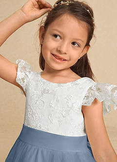 Azazie Vetty Flower Girl Dresses Ivory Dusty Blue A-Line Lace Tulle Dress image8