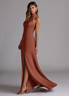 Azazie Myra Bridesmaid Dresses Clay A-Line Side Slit Stretch Satin Dress image5