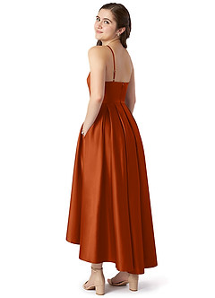 Azazie Jemima Junior Vestido de Naranja Quemada de Satén Elástico de Corte En A con Con bolsillos image5