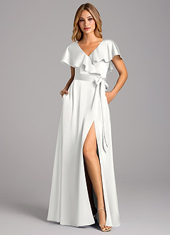 Azazie Lainey Bridesmaid Dresses White A-Line with Pockets Stretch Satin Dress image4