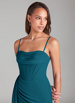 Azazie Amyra Bridesmaid Dresses Ink Blue Sheath Off the Shoulder Chiffon Convertible Dress image2