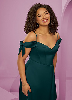 Barbie ♥ Azazie Jurken voor bruidsmeisjes Jurk van Stretch Satijn met A-Lijn Off the Shoulder Pijnboom image14