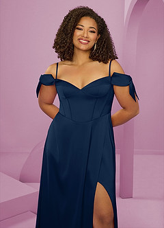 Barbie ♥ Azazie Jurken voor bruidsmeisjes Jurk van Stretch Satijn met A-Lijn Off the Shoulder Donkere Marine image6