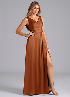 Azazie Karina Bridesmaid Dresses Copper A-Line Pleated Stretch Satin Dress image5