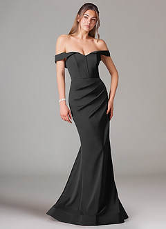 Azazie Everly Bridesmaid Dresses Black Mermaid Off the Shoulder Stretch Satin Convertible Dress image1