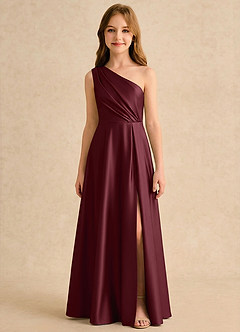 Azazie Puddles Girls Formal Robe Demoiselle D'honneur Fillette Robe Trapèze en Satin extensible Une épaule Cabernet image6