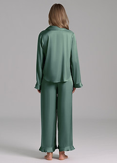 front Matching Color Ruffled Satin Long Sleeve Pajama Set