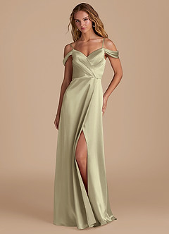 Azazie Ocean Robes de demoiselle d'honneur Robe Trapèze en Satiné métallisé Épaule décolletée Vert Mousse image3