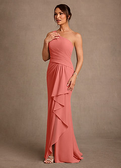 Azazie Floy Mother of the Bride Dresses Salmon Pink Sheath One Shoulder Chiffon Dress image2