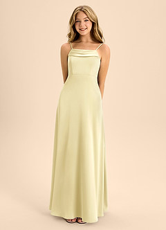 Azazie Anselie Junior Lemon Sorbet A-Line Off the Shoulder Stretch Satin Dress image4