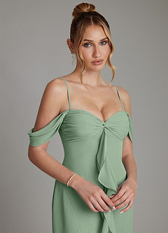 Azazie Karmela Bridesmaid Dresses Matcha A-Line Off the Shoulder Chiffon Dress image3