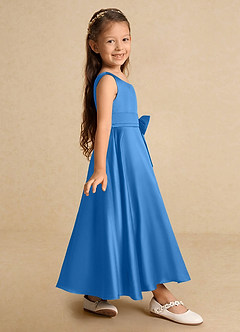Azazie Lindy Flower Girl Dresses Blue Jay A-Line Pleated Matte Satin Dress image5