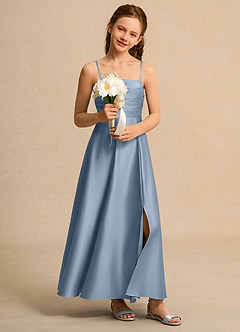 Azazie Pebbles Girl Flower Girl Dresses Dusty Blue A-Line Pleated Matte Satin Dress image7